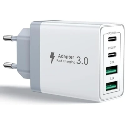 Immagine di Caricatore USB C Rapido 40W 4Porto Presa Multipla PD &amp; QC3.0 Carica Cellulare, Spina Alimentatore Caricabatterie per Samsung S22 S23 S24 iPhone 15 16 14, Spinotto Muro Adattatore