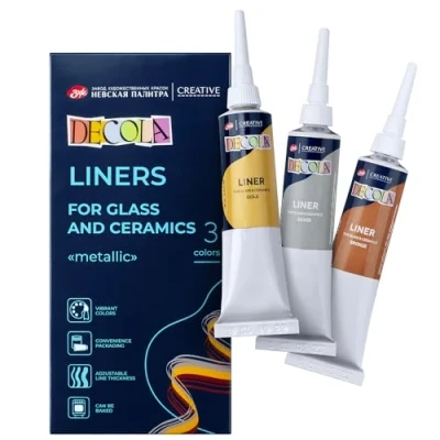 Immagine di Decola Metallic Acrylic Liners Rivestimenti acrilici a base d&#039;acqua 3x18ml per porcellana e vetro Colori oro, argento rame Prodotti da Neva Palette
