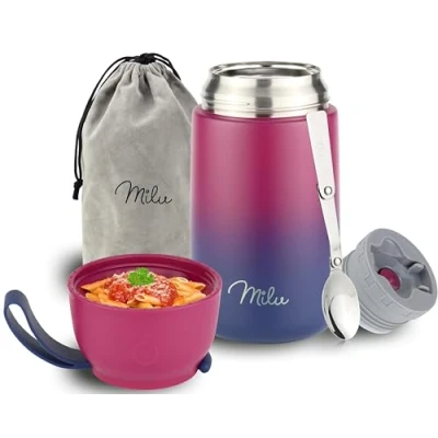 Immagine di Milu Thermo per Alimenti 800 ml Contenitore Termico di Acciaio Inossidabile, Isotermico Sottovuoto Cibi Caldi e Freddi (Blu Bacca, 800ml)