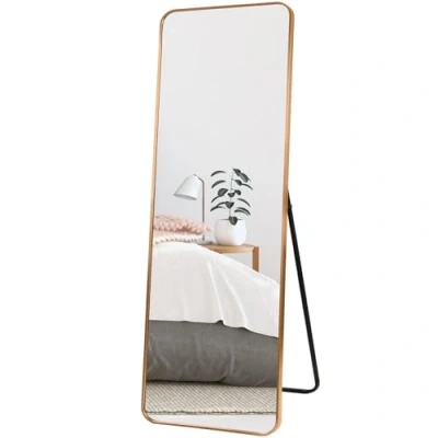 Immagine di HORLIMER Specchio da Terra a Tutta Lunghezza con Cornice in Alluminio, 152x46 cm Grande Appendere Parete o Terra, d&#039;Oro per Bagno, Soggiorno, Camera