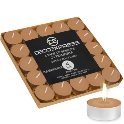 Immagine di DECO EXPRESS Candele Tealight 24, 25, 50, 100, 200 Pezzi, Lunga Durata 4/8/10 Ore Vari Colori (Spezie Clementine 25/4 ore)