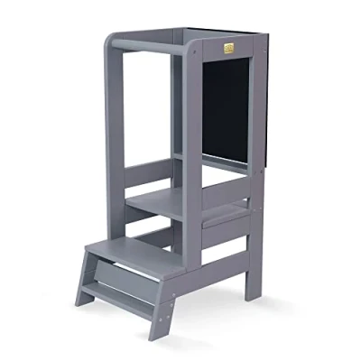 Immagine di MEOWBABY Torre Montessoriana in Legno per Bambini di Apprendimento con Lavagna, Learning Tower, Grigio
