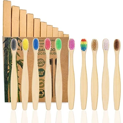 Immagine di 10 Colori spazzolini Bamboo, Spazzolino da denti a Setole Morbide Senza BPA, Set di in bambù naturale ecologico (Bambini colori)