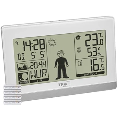 Immagine di TFA Dostmann Stazione meteo radio Weather Boy, 35.1159, temperatura esterna/interna, previsioni meteo, fase lunare/sole e tramonti (bianco con batterie)