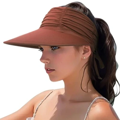 Immagine di DRESHOW Donna Visiera Sole Cappello Ampio Tesa Regolabile Pieghevole Coda di Cavallo Spiaggia Estate UV Protezione All&#039;aperto UPF 50+
