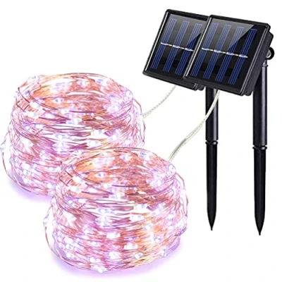 Immagine di QSPORTPEAK [2 pezzi] Catena di luci solari per esterni, 12 m, 100 LED, resistente alle intemperie, 8 modalità, IP65, impermeabile, filo rame, balcone, giardino, feste,