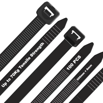 Immagine di DUNSOO 100 Pezzi Fascette Plastica Lunghe Nero, 500 x 8mm Elettricista per Uso Interno ed Esterno, Gestione dei Cavi Elettrici, Fili, Giardinaggio
