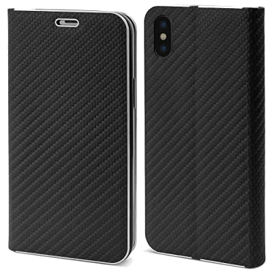 Immagine di Moozy Custodia a Libro per iPhone X, XS, Carbonio Nera Protezione dei Bordi Metallici Flip Cover Portafoglio con Appoggio e Porta Carte