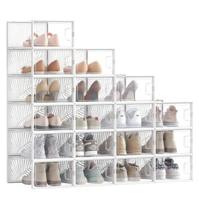 Immagine di SONGMICS Scatole di Scarpe Traspiranti, 18 Contenitori per Scarpe, Robusto, Organizzatori Pieghevoli, Taglia 44, Impilabili, Collezione Sneaker, Tacchi Alti, Trasparente e Bianco LSP106W18