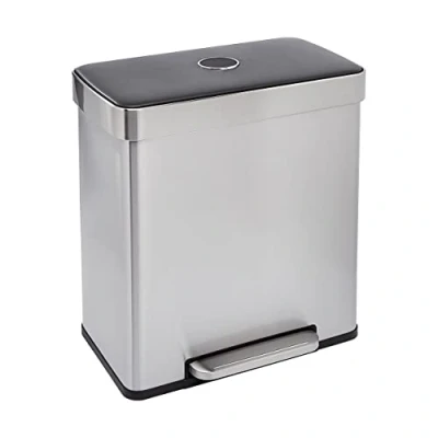 Immagine di Amazon Basics Pattumiera rettangolare per riciclaggio dei rifiuti con 2 scomparti, Bidone interno da 30L+30L, Argento/Nero
