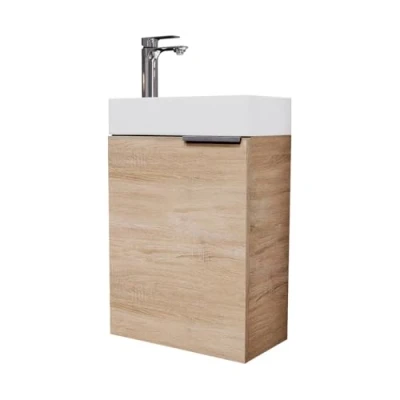 Immagine di Planetmöbel lavabo con mobiletto 40 cm in Rovere Sonoma e rubinetto Nero opaco, Set di mobili da bagno per bagno, WC ospiti