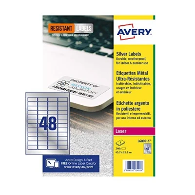Immagine di Avery L6009 5 etichette resistenti, argento (foglio A4, 46 x 21 mm, 240 etichette)