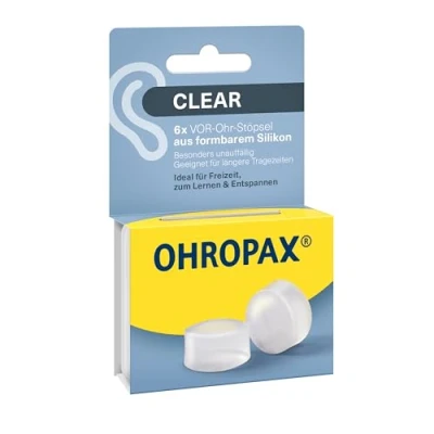 Immagine di OHROPAX Tappi per le orecchie trasparenti in silicone modellabile, particolarmente discreti, adatti a tutte orecchie, valore di isolamento acustico SNR 23 dB, il tempo libero, l&#039;apprendimento o