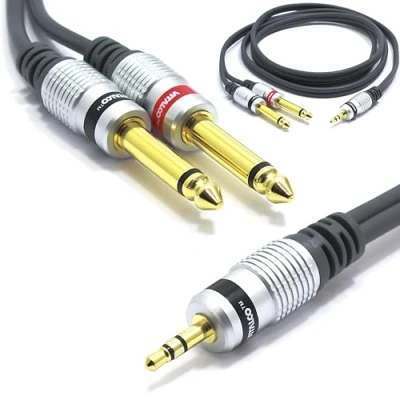 Immagine di 2 cavi splitter da 3,5 mm a 6,35 mm, 1 m, jack VITALCO 1/8&quot; stereo doppio mono maschio 1/4&quot;, oro OFC