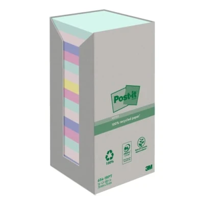 Immagine di Post it Foglietti in carta riciclata al 100% Colori assortiti, Confezione da 16 blocchetti, 100 Fogli per blocco, 76 mm x mm, Verde, Rosa, Giallo, Azzurro