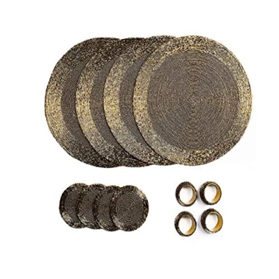 Immagine di Penguin Home® Set di 12 tovagliette, sottobicchieri e portatovaglioli con perline in vetro, colore oro antico, tovagliette rotonde, realizzate a mano da abili artigiani indiani, diametro 32 cm