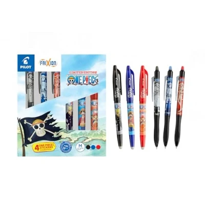 Immagine di PILOT x One Piece Confezione da collezione 3 FriXion Ball + Plus 4 adesivi Penne cancellabili Edizione limitata Roller ricaricabili Nero, Blu, Rosso Punta media