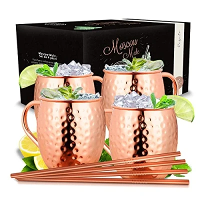 Immagine di Vezato Bicchieri Moscow Mule [500ml] in rame martellato con cannucce Set fatto a mano [4 pezzi] acciaio inossidabile per