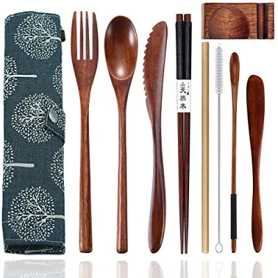 Immagine di set di posate in legno portatile, riutilizzabile, bambù, da viaggio con custodia, 9 pezzi inclusi coltello