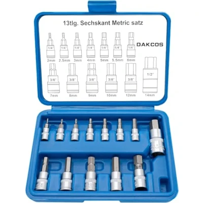 Immagine di DAKCOS set di 13 chiavi a bussola esagonali, metriche da 2 14 mm, esagonali 1/4&quot;, 3/8&quot;, 1/2&quot; CR V e punta S2