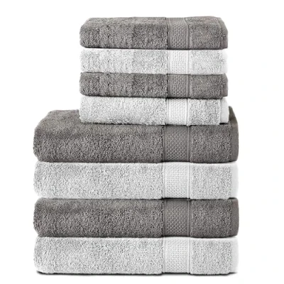 Immagine di Komfortec Set di 8 asciugamani in 100% cotone, 4 teli da bagno 70 x 140 e 50 100 cm, spugna, morbido, Towel, grande, antracite/bianco