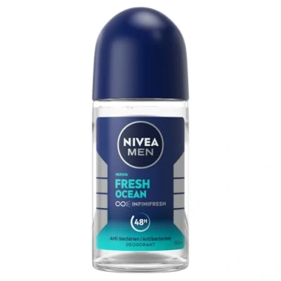 Immagine di Nivea Men deodorante a sfera Fresh Ocean 0% (1 x 50 ml), uomo protezione 48 h, cura senza sale alluminio e sensazione di freschezza.