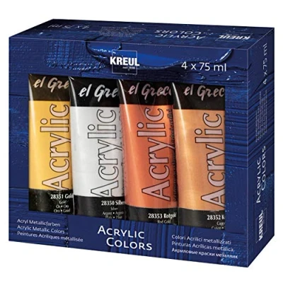 Immagine di KREUL 28270 El Greco Acrylic Set di 4 tubi Vernice acrilica metallizzata in oro, argento, oro rosso e rame a base acqua ricca pigmenti Qualità studio