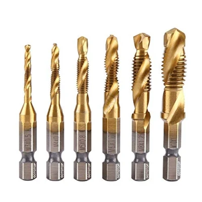 Immagine di Set di 6 punte Per trapano HSS M3 M4 M5 M6 M8 M10, Rubinetti,Filettatura Metrica,Rivestito in Titanio,Codolo Esagonale da 1/4&quot;, Filettare Varie Filettature