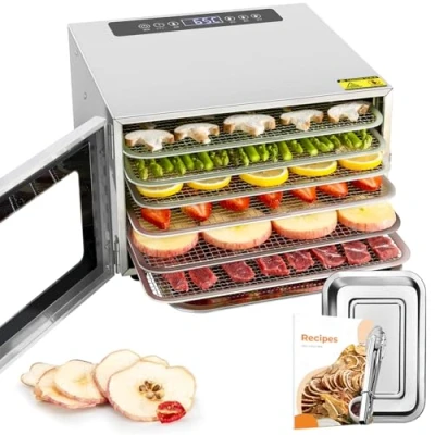 Immagine di Kwasyo Essiccatore Alimentare Acciaio Inox, 6 Vassi, 67 Ricette, Timer 24 ore, 30 90C, Lavabile in lavastoviglie, essiccatori per Funghi, Frutta e Verdura, 400W, BPA Free