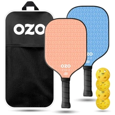 Immagine di OZO Pickleball Set di 2 Racchette, 4 Palline e Borsa Spark Energia Ritmo (per Principianti, Potenza, Superficie in Fibra Carbonio) + Esterno ed Interno) Approvate USAPA