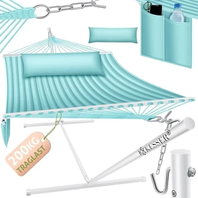 Immagine di KESSER® Amaca Hill con struttura, cuscino doppio per 2 persone, telaio stabile, portata 200 kg, interni ed esterni, XXL, poltrona sospesa due giardino, balcone, terrazza, grigio/blu