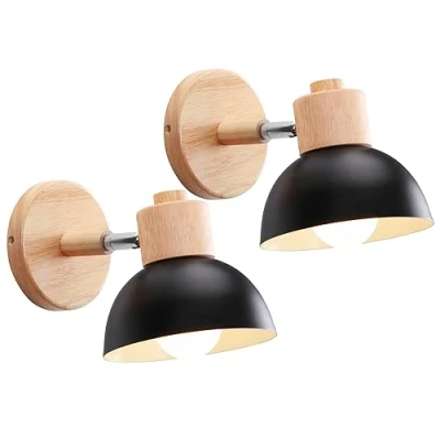 Immagine di iDEGU 2 Pezzi Lampade da Parete Retrò Vintage Applique Interno in Metallo e Legno Moderne Lampada a Muro Orientabile E27 Luce Camera Letto Soggiorno (2 Lampade, Nero)