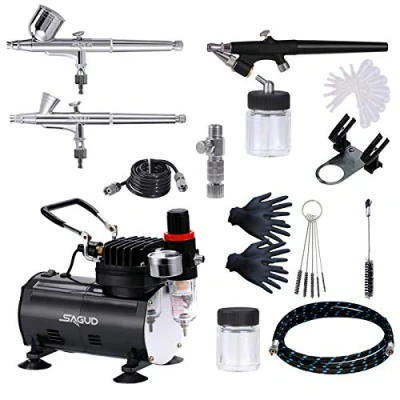 Immagine di SAGUD Set di aerografo con compressore, Pistola per Double Action 3 aerografi, 0,2 mm, 0,3 0,8 ugello e ago Hobby, modellismo, Unghie