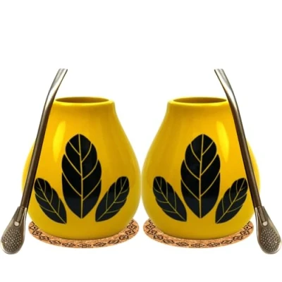 Immagine di Yerba Mate Tee Kalebasse Set per due ● 2 tazze da tè HOJA 350 ml Tazza in ceramica cannucce acciaio inox Bombilla 19 cm cuscinetti sughero con straw