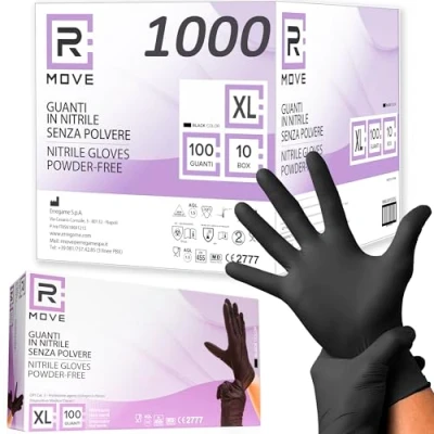 Immagine di RMOVE 1000 guanti in Nitrile Neri XL senza polvere, lattice, ipoallergenici, 10 box da 100 monouso per Estetisti, Tatuatori, Ambiti Medici