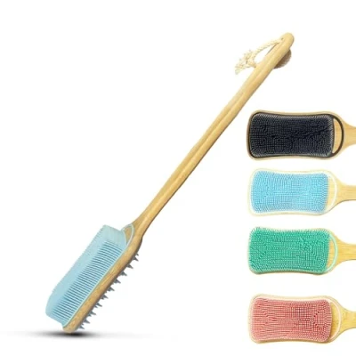 Immagine di Rexzono Scrubber in silicone per pelli sensibili, esfoliante il corpo, spazzola da bagno con manico lungo, luffa doccia, scrub detergente delicato donne e uomini, facile pulire