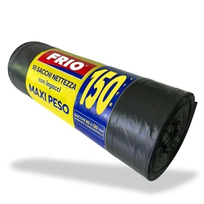 Immagine di FRIO 10 Sacchi neri grandi, 150 litri, spazzatura condominiali MAXI PESO per bidone spazzatura, raccolta differenziata, con legacci. 80x120 cm, multistrato, resistenti