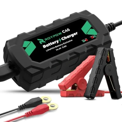 Immagine di LiFePO4 Caricabatterie al litio da 12 V, RoyPow, 3 amp con clip a coccodrillo e terminale ad anello