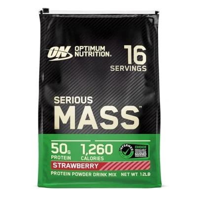 Immagine di Optimum Nutrition Serious Mass Proteine in Polvere ad Alto Contenuto Calorico per Aumentare il Peso, con 25 Vitamine e Minerali, Creatina Monoidrato Glutammina, Gusto Fragola, 16 Dosi, 5,45 kg