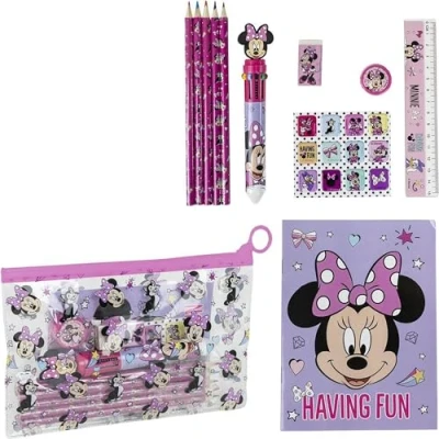 Immagine di Set di cancelleria ispirato a Minnie Rosa 22 X 14 0,5 cm Include matite colorate, penna multicolore, righello, astuccio per e altro ancora Prodotto originale disegnato in Spagna