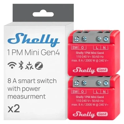 Immagine di Shelly 1PM Mini Gen4 Interruttore Relè Intelligente Wi Fi, 1 Canale, 8A, Monitora il Consumo di Energia, Domotica, Nessun Hub Richiesto, Certificato Matter, Alexa, Google, HomeKit, Zigbee (2 Pezzi)