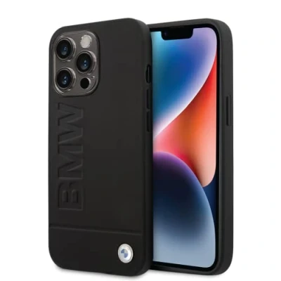 Immagine di CG MOBILE BMW custodia per iPhone 14 Pro, nera con linee inferiori tricolore, in pelle PU, collezione M, protettiva liscia facile scatto, assorbimento degli urti e logo firmato