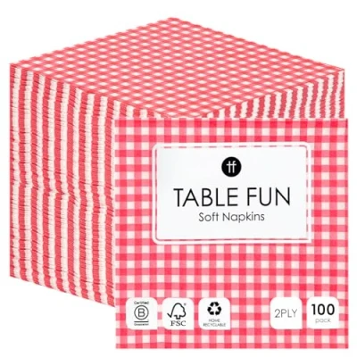 Immagine di Talking Tables 100 x Confezione sfusa di tovaglioli carta a quadretti rossi morbidi per compleanni, matrimoni, Natale, catering, stoviglie, monouso, riciclabili, realizzati in UE, 2 veli, 33 cm