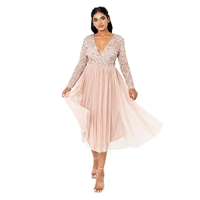 Immagine di Maya Deluxe Abito Longuette da Donna, a Maniche Lunghe, Scollo V, con Paillettes impreziosite Laurea Vestito per Damigella d’Onore, Tortora Blush, 50