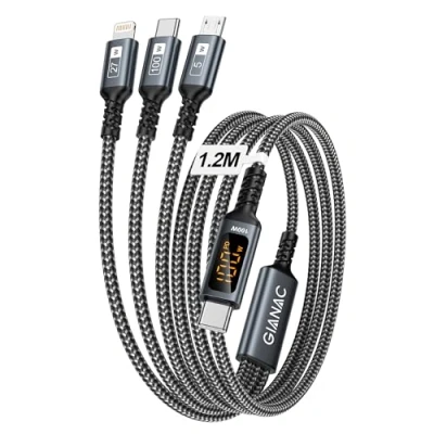 Immagine di GIANAC 100W Cavo USB C Ricarica Multiplo con Display LED [1.2M] Multiplo, PD [100W]+USB a Lightning[27W]+USB Micro [5W] per Galaxy,Huawei,MacBook,iPhone 16 15 14 13