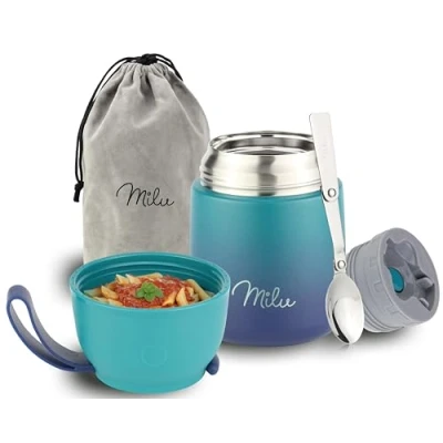 Immagine di Milu Thermo per Alimenti 450 ml Contenitore Termico di Acciaio Inossidabile, Isotermico Sottovuoto Cibi Caldi e Freddi (Verde Blu, 450ml)