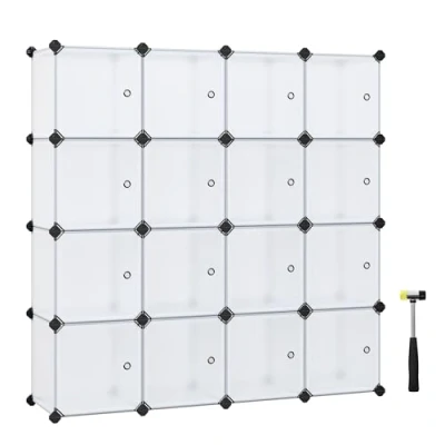 Immagine di SONGMICS Armadio a 16 Cubi, Portaoggetti Organizzatore, Armadietto Mobiletto con Ante, per Abiti Scarpe Libri, Facile da Assemblare, Bianco LPC44BS