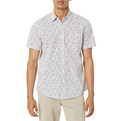 Immagine di Amazon Essentials Camicia Slim fit A Maniche Corte Con Bottoni E Stampa Uomo, Blu Marino Bianco Disegni Geometrici, XL