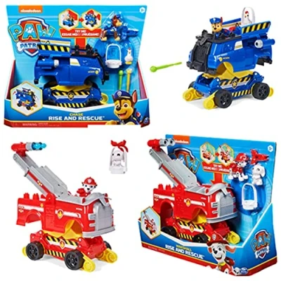 Immagine di Paw Patrol, Veicolo trasformabile Rise And Rescue con Personaggio Chase o Marshall e Accessori, Giocattoli per Bambini dai 3 Anni in su
