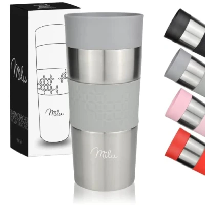 Immagine di Milu Tazza Termica da Viaggio per caffè 350ml 100% a Prova di perdite Isolata e tè Portare Via Bere in Acciaio Inossidabile Caldo Freddo (Grigio, 350ml)
